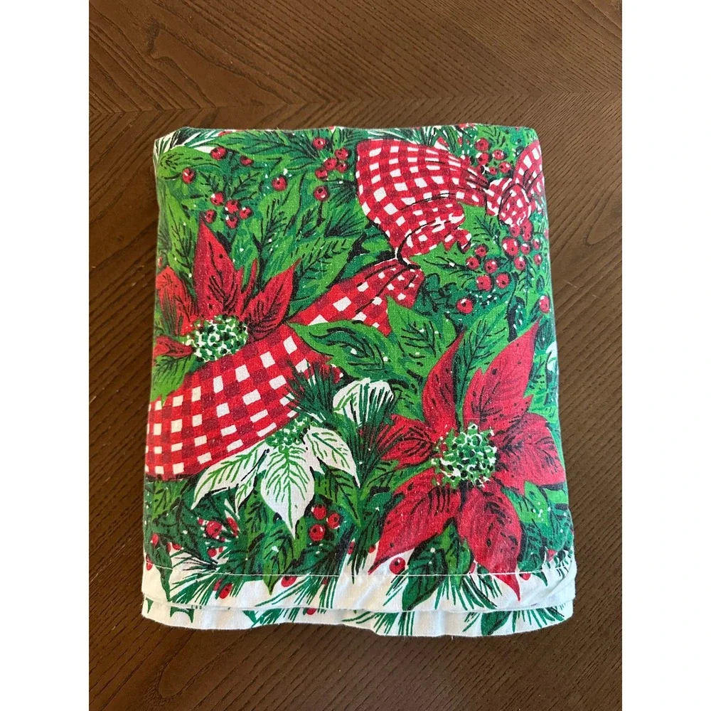 Vintage Christmas Tablecloth Poinsettia Gingham Ribbon Pine 120x80 Rectangular